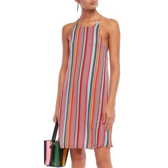 NWT Alice +‎ Olivia Kalia Red Multicolor Striped Halter Tieback Mini Dress LARGE - Picture 2 of 16